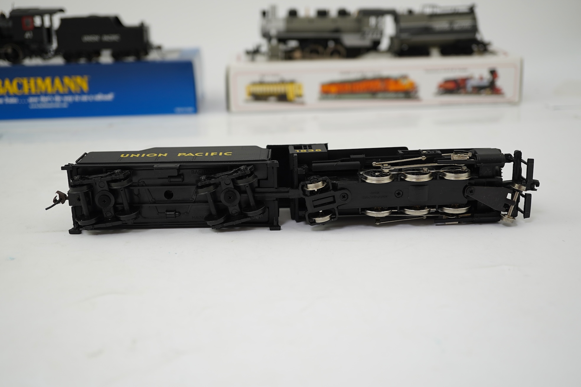 Three boxed HO gauge Bachmann Union Pacific locomotives; (51705) model of ALCO, 41, 2-6-0 locomotive with bogie tender, together with (51501) model of Prairie, 1836, 2-6-2 locomotive with bogie tender, and (50701) model
